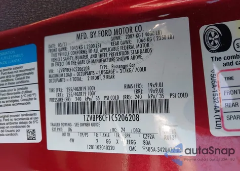 2012 Ford Mustang Gt Premium из США, поврежденный, VIN 1ZVBP8CF1C5206208